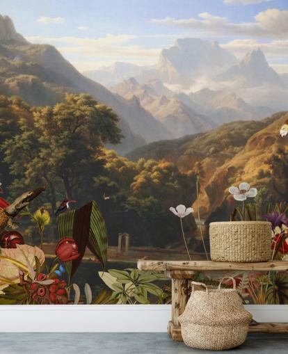 cenário de montanha tropical com papel de parede de pássaros cenário de montanha tropical com papel de parede de pássaros