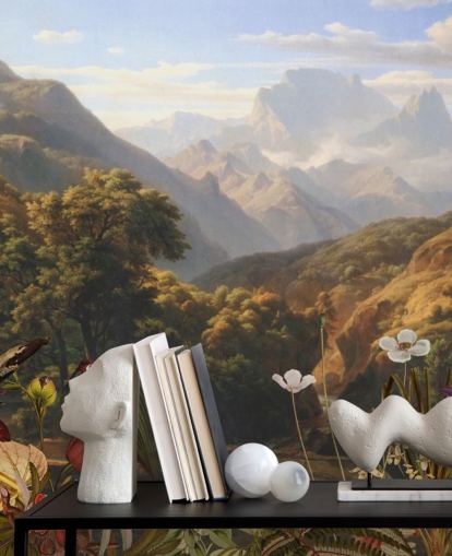 tropical mountain scenery with birds wallpaper