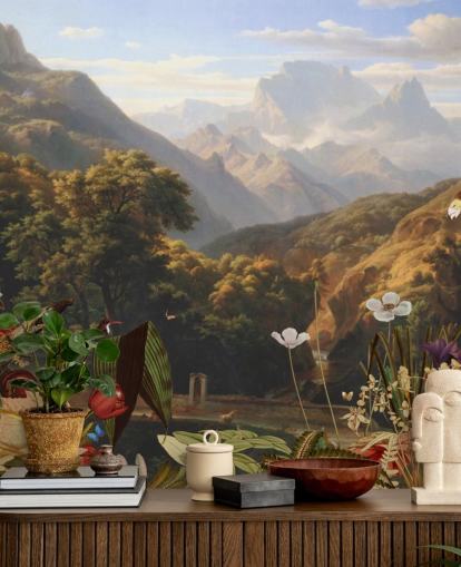 cenário de montanha tropical com papel de parede de pássaros cenário de montanha tropical com papel de parede de pássaros