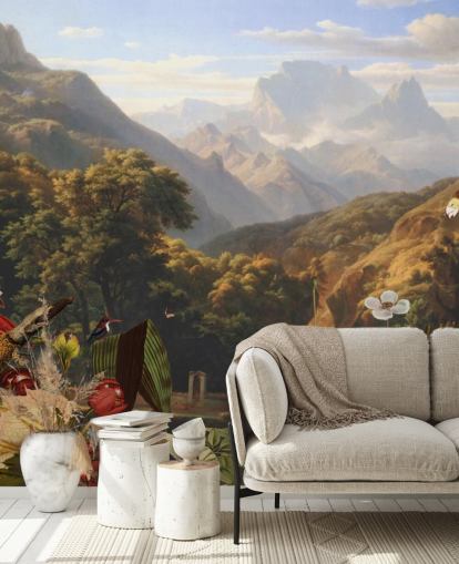 paysage de montagne tropicale avec fond d'écran oiseaux