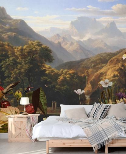 paesaggio di montagna tropicale con carta da parati uccelli paesaggio di montagna tropicale con carta da parati uccelli