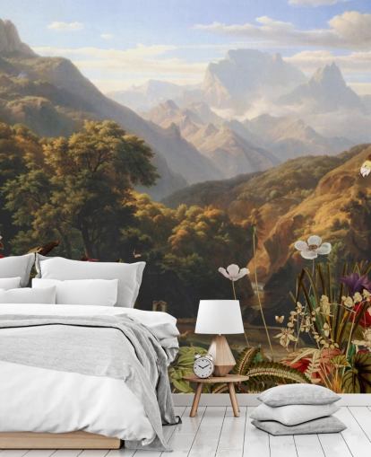 cenário de montanha tropical com papel de parede de pássaros