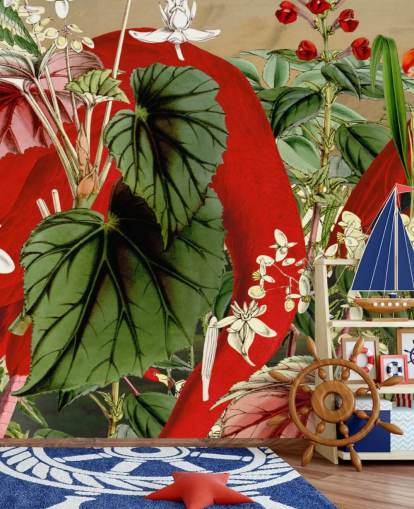 red flamingos in leafy green jungle wallpaper