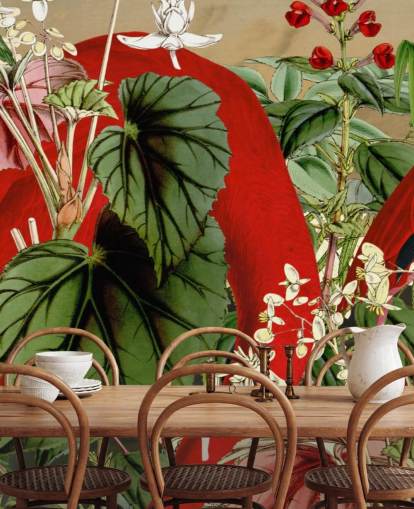 red flamingos in leafy green jungle wallpaper