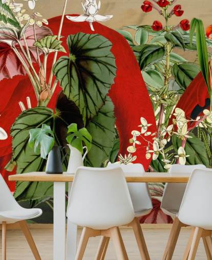 flamingos vermelhos em papel de parede verde frondoso da selva