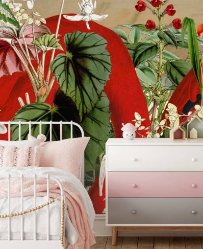 red flamingos in leafy green jungle wallpaper