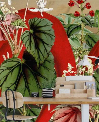 red flamingos in leafy green jungle wallpaper