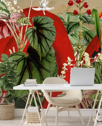 red flamingos in leafy green jungle wallpaper