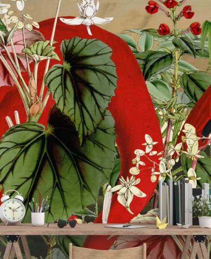 flamingos vermelhos em papel de parede verde frondoso da selva