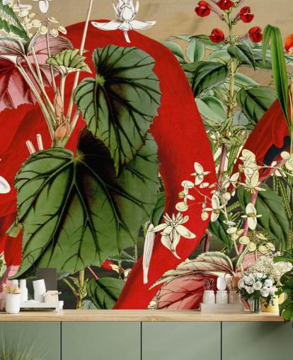 red flamingos in leafy green jungle wallpaper