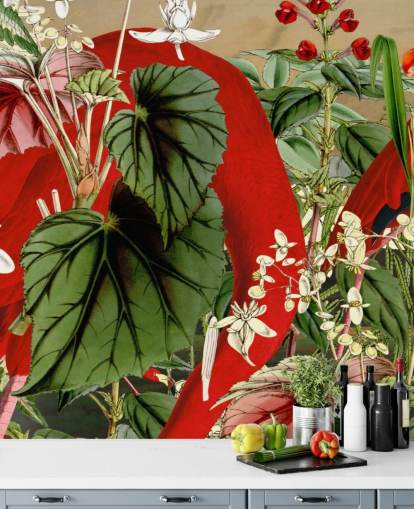 rode flamingo's in groen groen junglebehang