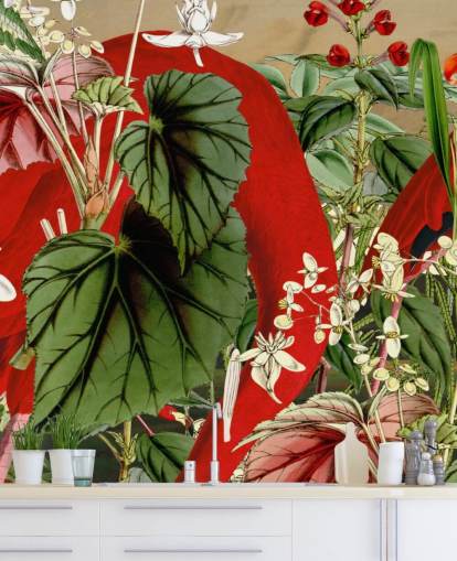 red flamingos in leafy green jungle wallpaper