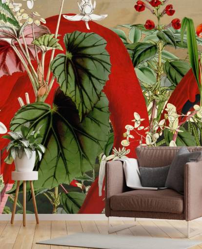 red flamingos in leafy green jungle wallpaper