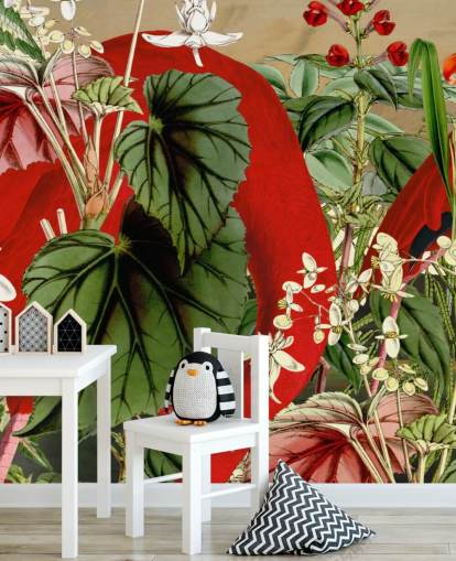 red flamingos in leafy green jungle wallpaper