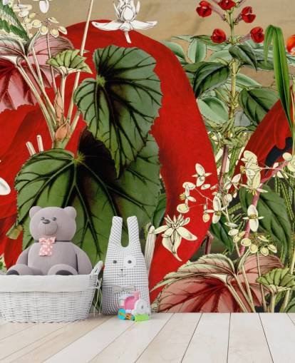 red flamingos in leafy green jungle wallpaper