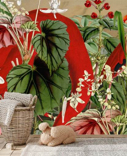 flamingos vermelhos em papel de parede verde frondoso da selva