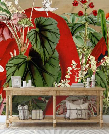 red flamingos in leafy green jungle wallpaper