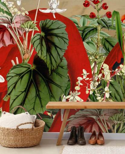 flamingos vermelhos em papel de parede verde frondoso da selva