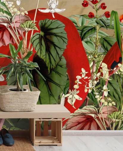 red flamingos in leafy green jungle wallpaper