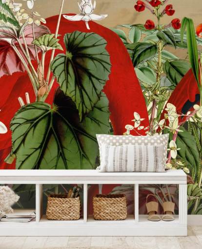 red flamingos in leafy green jungle wallpaper