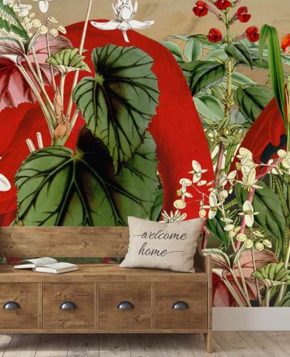 red flamingos in leafy green jungle wallpaper