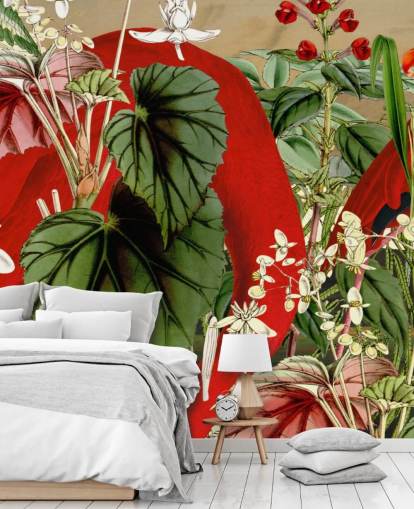 red flamingos in leafy green jungle wallpaper