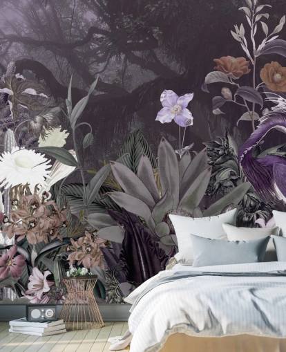 purple floral and heron wallpaper