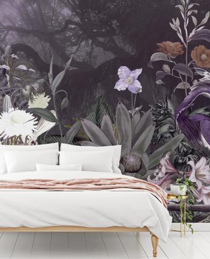 papel de parede roxo floral e garça
