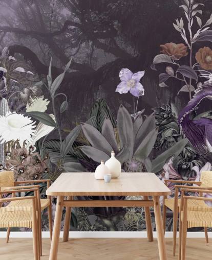 papel de parede roxo floral e garça papel de parede roxo floral e garça