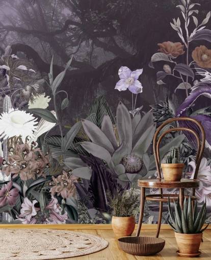 papel de parede roxo floral e garça