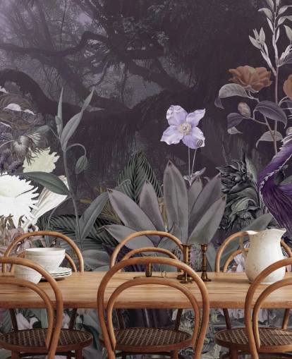 papel pintado de flores y garzas moradas