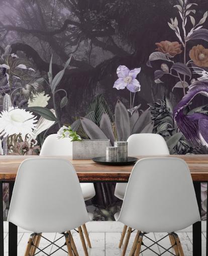 papel de parede roxo floral e garça