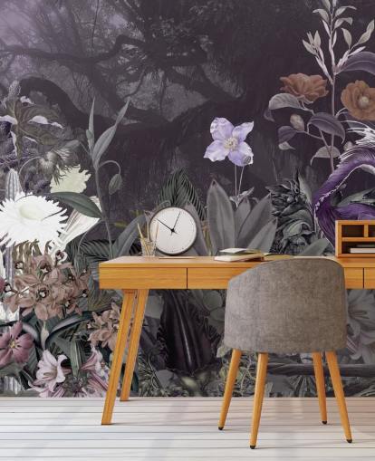 papier peint à fleurs et héron violet