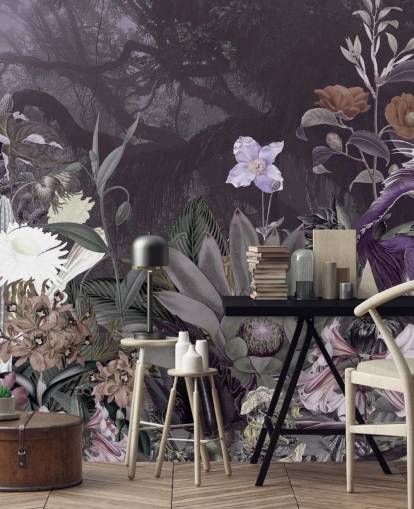 papier peint à fleurs et héron violet