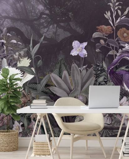 purple floral and heron wallpaper