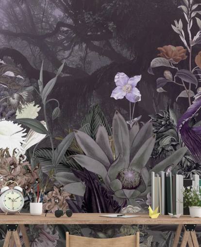 papel de parede roxo floral e garça