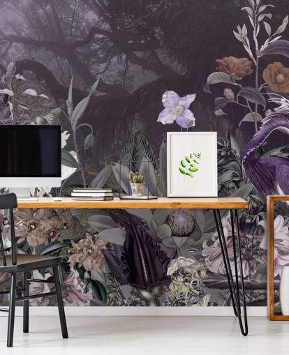 papel de parede roxo floral e garça