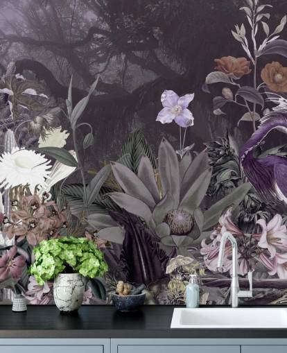 papel de parede roxo floral e garça papel de parede roxo floral e garça