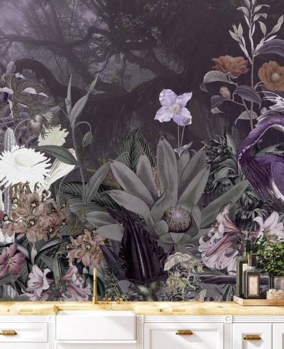 papier peint à fleurs et héron violet