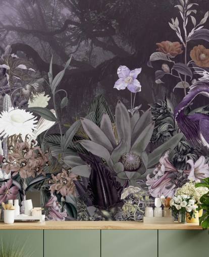 papier peint à fleurs et héron violet papier peint à fleurs et héron violet