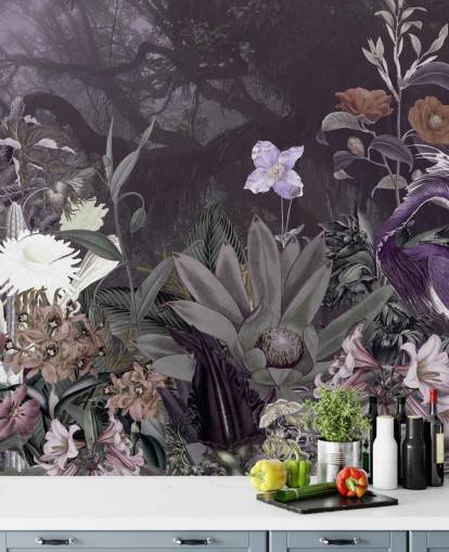 papel de parede roxo floral e garça