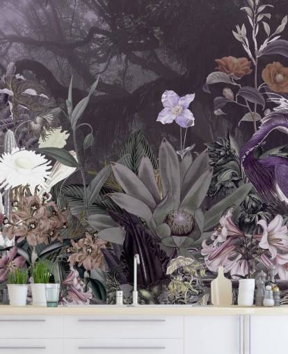 papel pintado de flores y garzas moradas papel pintado de flores y garzas moradas