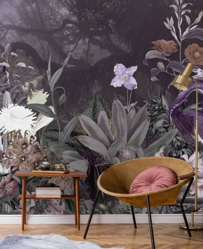 papier peint à fleurs et héron violet papier peint à fleurs et héron violet