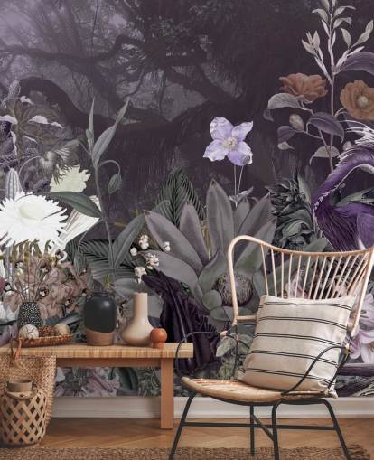 purple floral and heron wallpaper