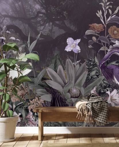 papel de parede roxo floral e garça