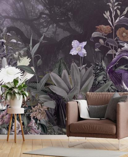 papel pintado de flores y garzas moradas