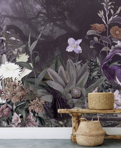 lilla blomster og hegre tapet