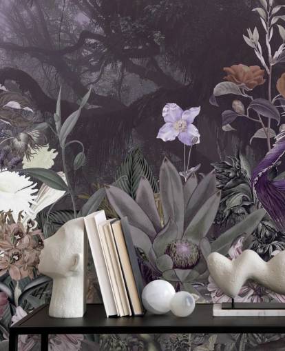 paars bloemen- en reigerbehang