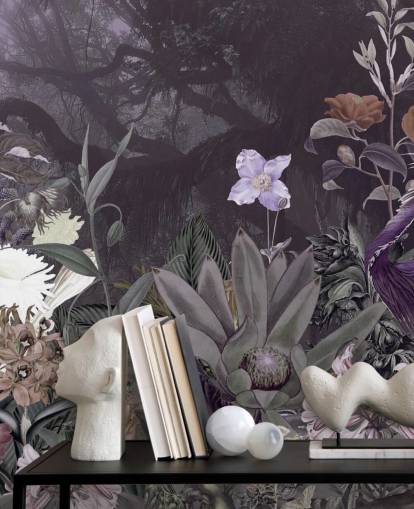 papel pintado de flores y garzas moradas