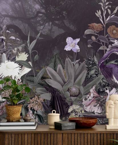 papel pintado de flores y garzas moradas papel pintado de flores y garzas moradas